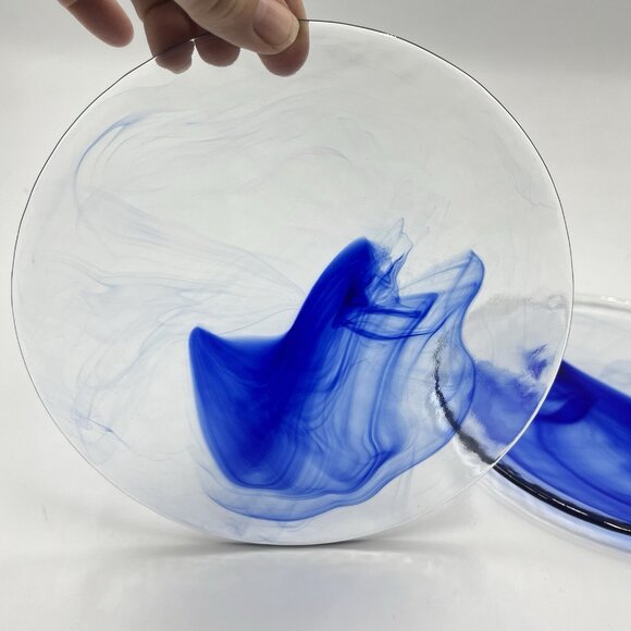 2 Bormioli Rocco Murano Cobalt Blue Swirl Clear Glass Salad Plates 8" Vintage - Picture 5 of 5